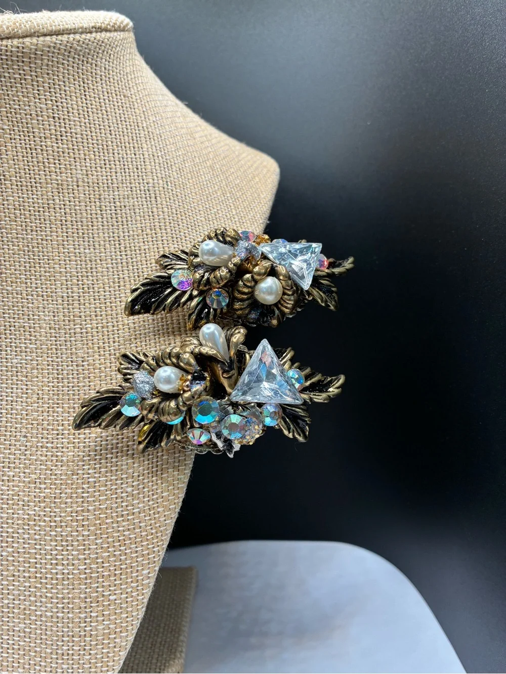 Vintage Resin 1970’s Gold-Tone Cluster Clip-on Earrings w/Crystal Accents